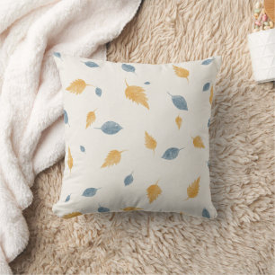 Light Pastel Blue and Brown Autumn Leaves Pattern Cushion