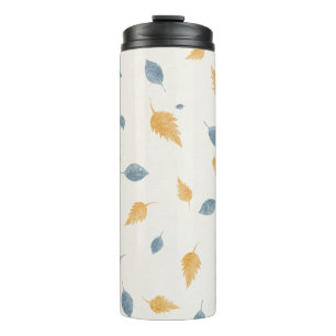 Light Pastel Blue and Brown Autumn Leaves Pattern Thermal Tumbler