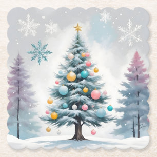 Light Pastel Christmas Tree Blue-Lilac Ornaments Paper Coaster