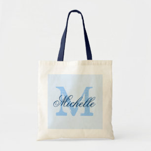 Light pastel & navy blue monogram wedding tote bag