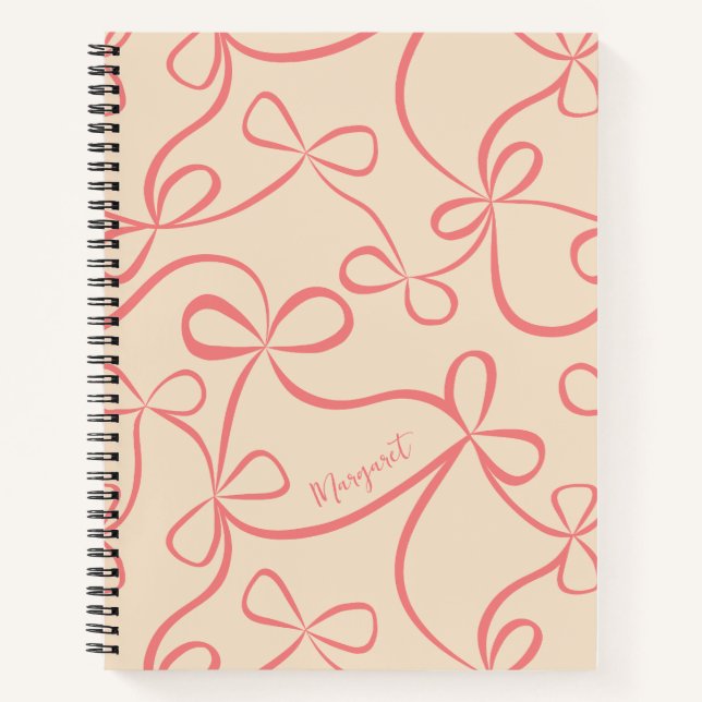 Light Pastel Pink Coquette Bow Pattern Custom Name Notebook (Front)