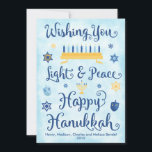Light & Peace Happy Hanukkah Holiday Card<br><div class="desc">A Jewish Hanukkah theme card with a menorah,  Star of David and Driedel. The text reads Wishing You Light & Peace Happy Hanukkah. The background is a light blue watercolor wash. Click Customise It to personalise the back with your own message,  photo and/or company logo.</div>