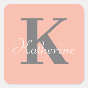 Light Peach Monogram Name Square Sticker