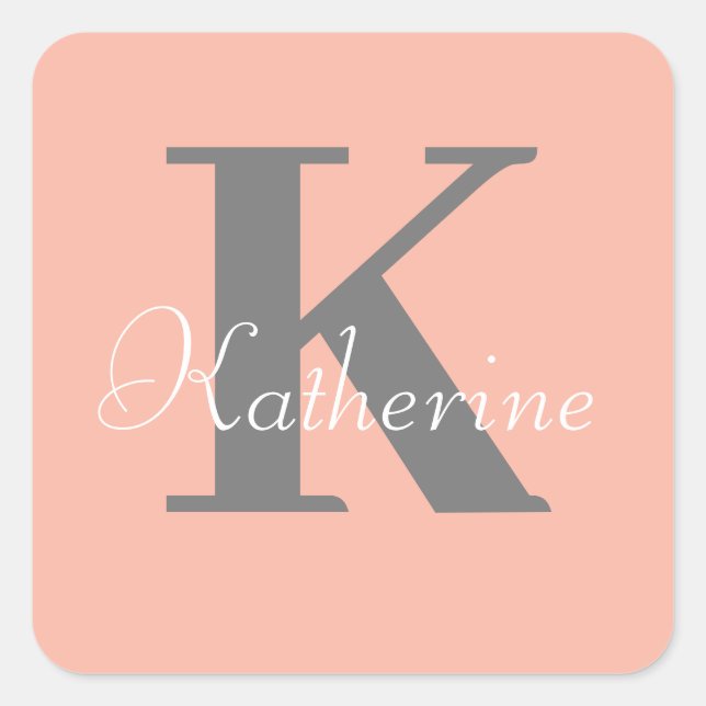 Light Peach Monogram Name Square Sticker (Front)