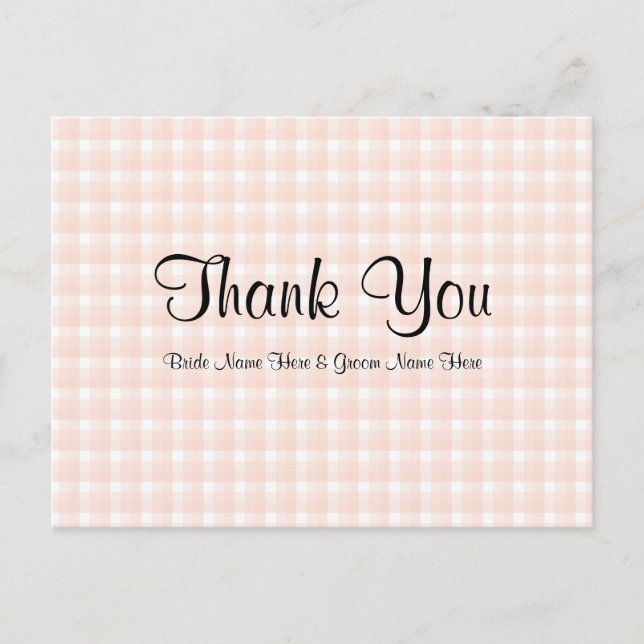 Light Peach Pink Check Pattern Wedding Thank You Postcard (Front)