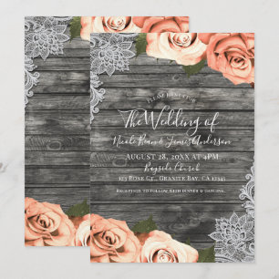 Light Peach Roses Grey Rustic Wood Lace Wedding Invitation