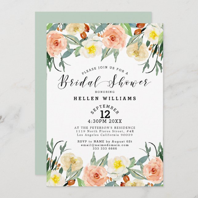 Light peach & white garden flowers border invitation (Front/Back)