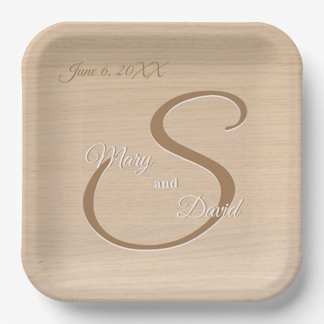 Light Pine Wood Wedding Paper Plates (Front)