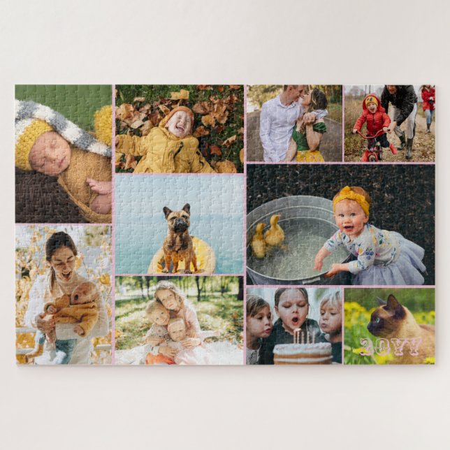 Light Pink Add The Year & 10 Family Photo Collage Jigsaw Puzzle (Horizontal)