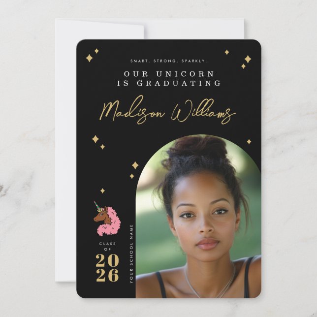 Light Pink Afro Unicorn Graduation Announcement (Front)