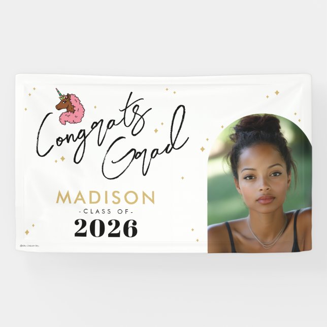 Light Pink Afro Unicorn Graduation Banner (Horizontal)