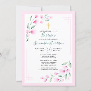 Light Pink Airy Watercolor Flowers Girl Baptism Invitation