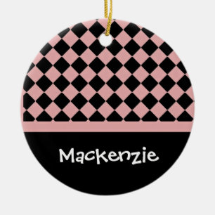 Light Pink and Black Diamonds Custom Name Ceramic Ornament