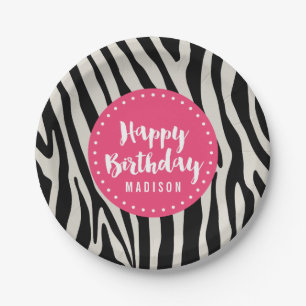 Light Pink and Black Zebra Stripe Birthday Party Paper Plate