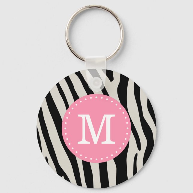 Light Pink and Black Zebra Stripe Custom Monogram Key Ring (Front)
