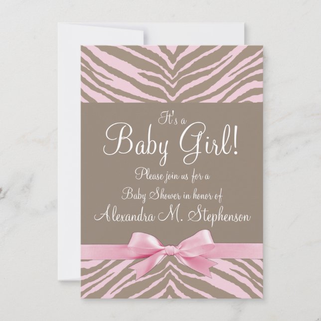 Light Pink and Brown Zebra Bow Baby Shower Invitation (Front)