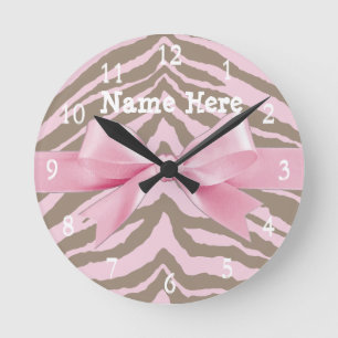 Light Pink and Brown Zebra w/ Ribbon Bow Round Clock