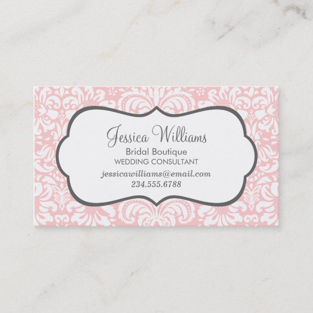 Light Pink and Charcoal Elegant Floral Damask Business Card (Front)