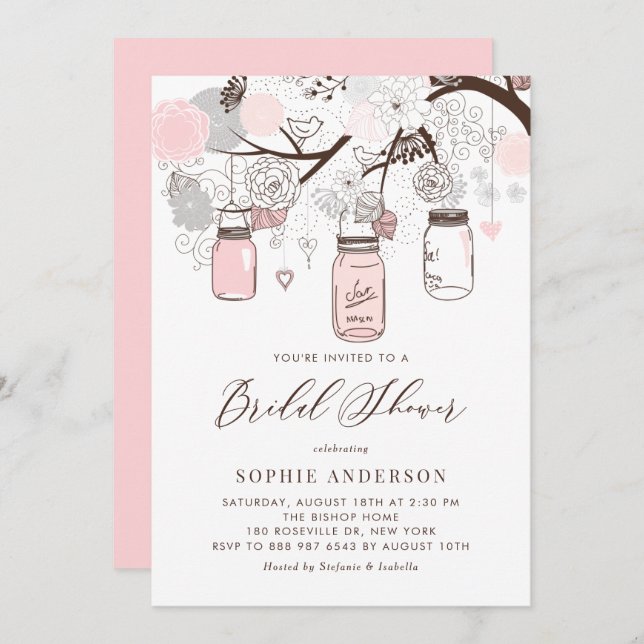 Light Pink and Grey Mason Jars Bridal Shower Invitation (Front/Back)