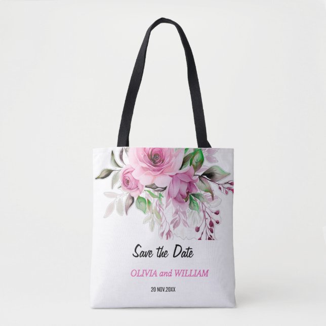 Light Pink and Purple Floral Save the Date Tote Ba Bag (Front)
