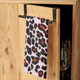 Light pink and red leopard print tea towel