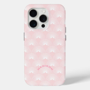 Light-Pink and white art deco pattern monogram iPhone 15 Pro Case