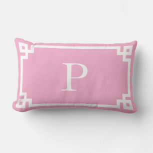 Light Pink and White Greek Key Monogram Lumbar Cushion