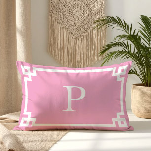 Light Pink and White Greek Key Monogram Lumbar Cushion
