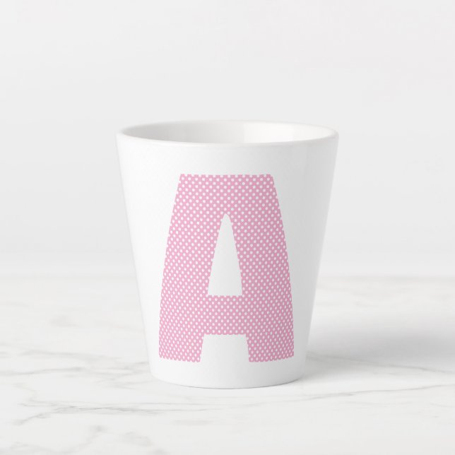 Light Pink and White Polka Dot Bold Monogram Latte Mug (Front)
