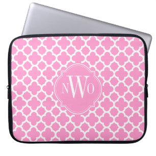 Light Pink and White Quatrefoil Pattern Monogram Laptop Sleeve