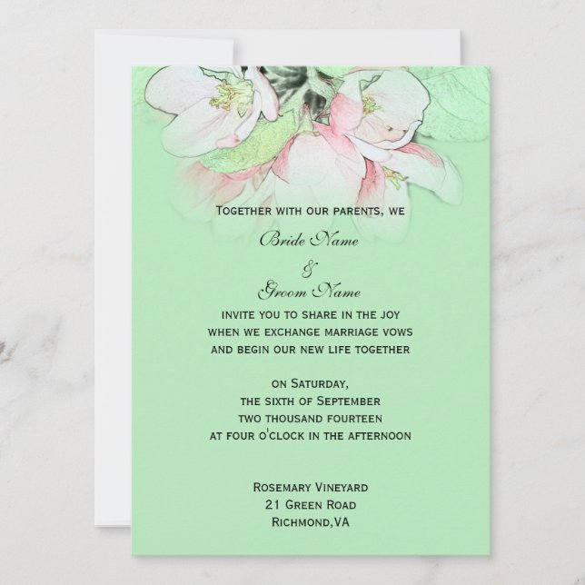 Light pink apple flower in green wedding invitation (Front)