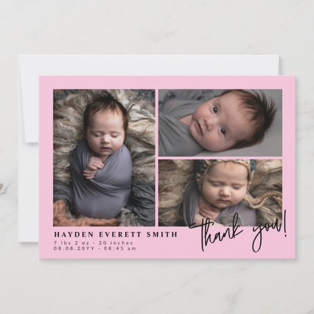 Light Pink Baby Photo Collage New Baby Thank You Announcement (Front)
