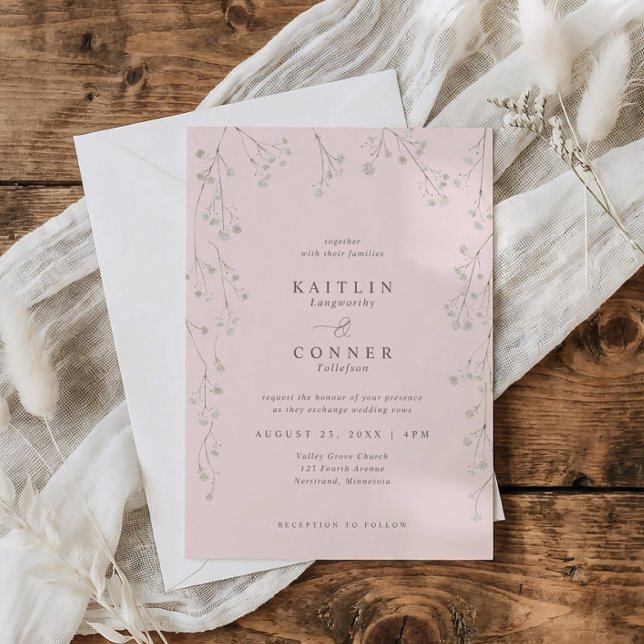 Light Pink Baby's Breath Wildflower Boho Wedding Invitation (Blush pink wedding invite with soft watercolor baby’s breath and botanical monogram wreath)