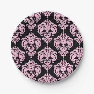 Light Pink & Black Damask Chic Elegant Party Paper Plate