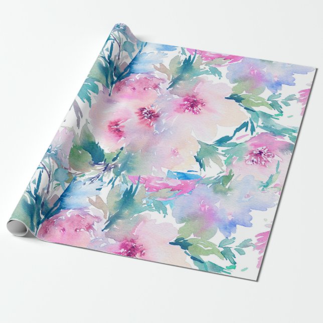 Light pink & blue water colours flowers collage wrapping paper (Unrolled)