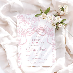 Light Pink Bow and Toile Birthday Invitation