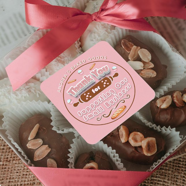 Light Pink Brown Bakery Business Custom Thank You  Square Sticker (Creator Uploaded)