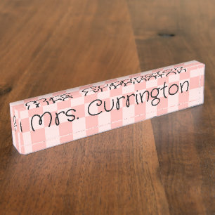 Light Pink Check Monoline Script Teacher Nameplate