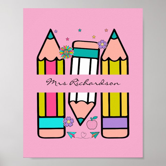 Light Pink Colourful Teacher Cartoon Pencil Poster (Front)