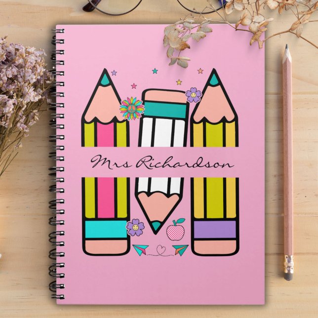 Light Pink Colourful teacher name pencil cartoon  Notebook (Creator Uploaded)