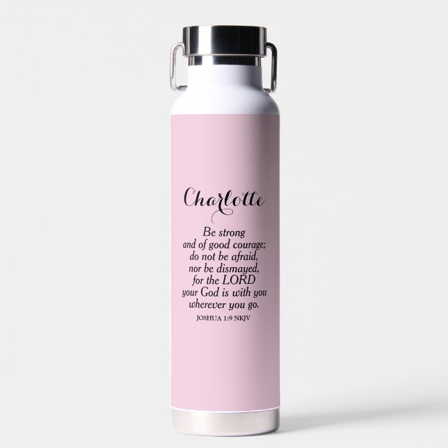 Light Pink Courage Bible Verse Custom Name Simple Water Bottle (Front)