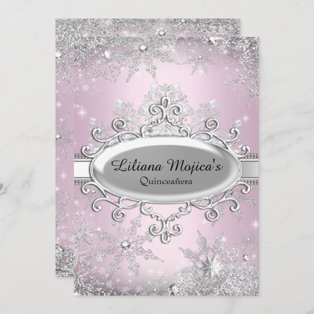 Light Pink Crystal Snowflake Princess Quinceanera Invitation (Front/Back)