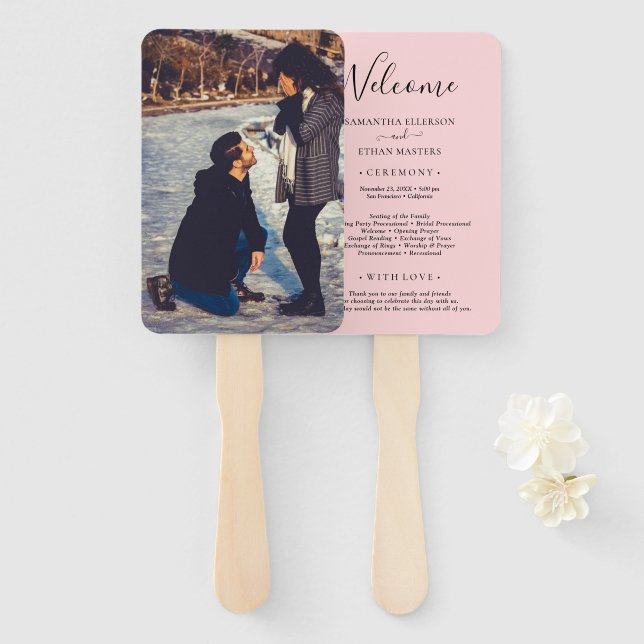 Light Pink Custom Photo Wedding Program Hand Fan (Front and Back)