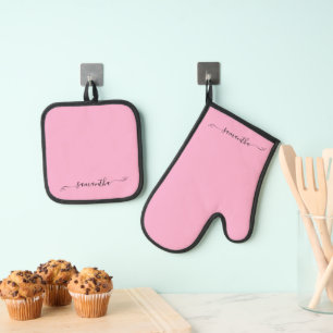Light Pink Cute Bow Signature Name Oven Mitt & Pot Holder Set
