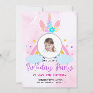 Light Pink Cute Unicorn Stars 4TH Birthday Invitation