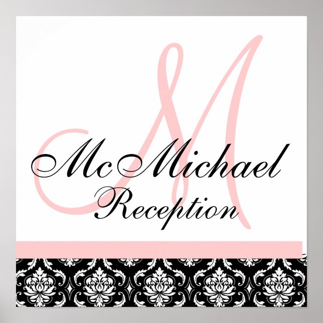 Light Pink Damask  Monogram Wedding Reception Poster (Front)