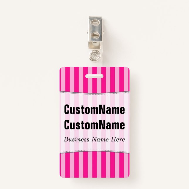 Light Pink & Deep Pink Stripes; Personalised Name ID Badge (Front with Clip)
