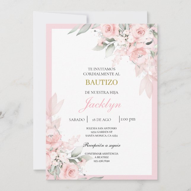 Light pink floral baptism  invitation (Front)