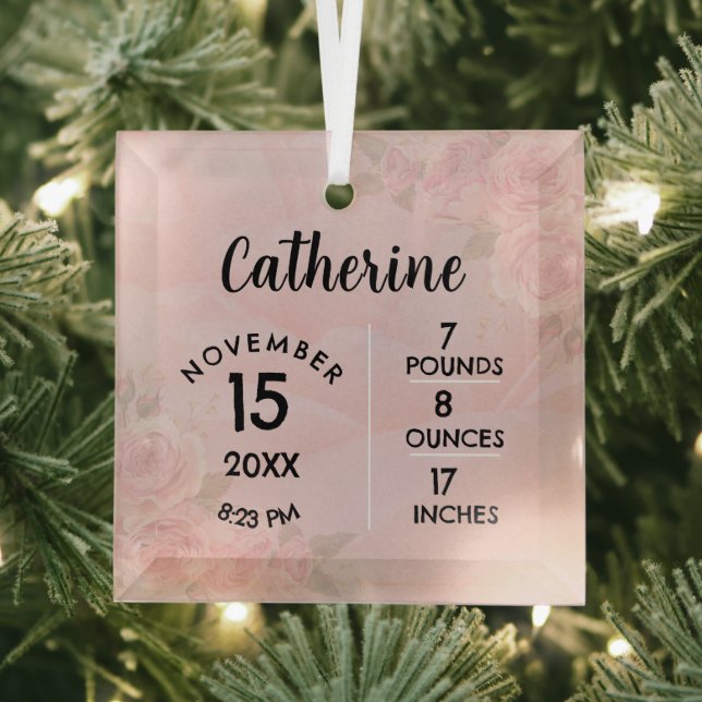 Light Pink Floral Birth Numbers Square Ornament (Insitu)
