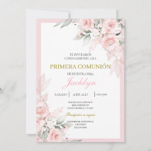 Light pink floral first communion   invitation